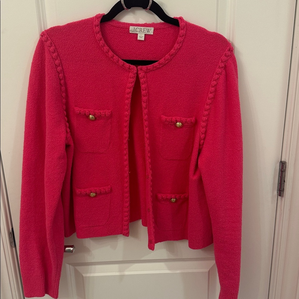 J. Crew lady jacket cardigan in bright pink with gold buttons size large